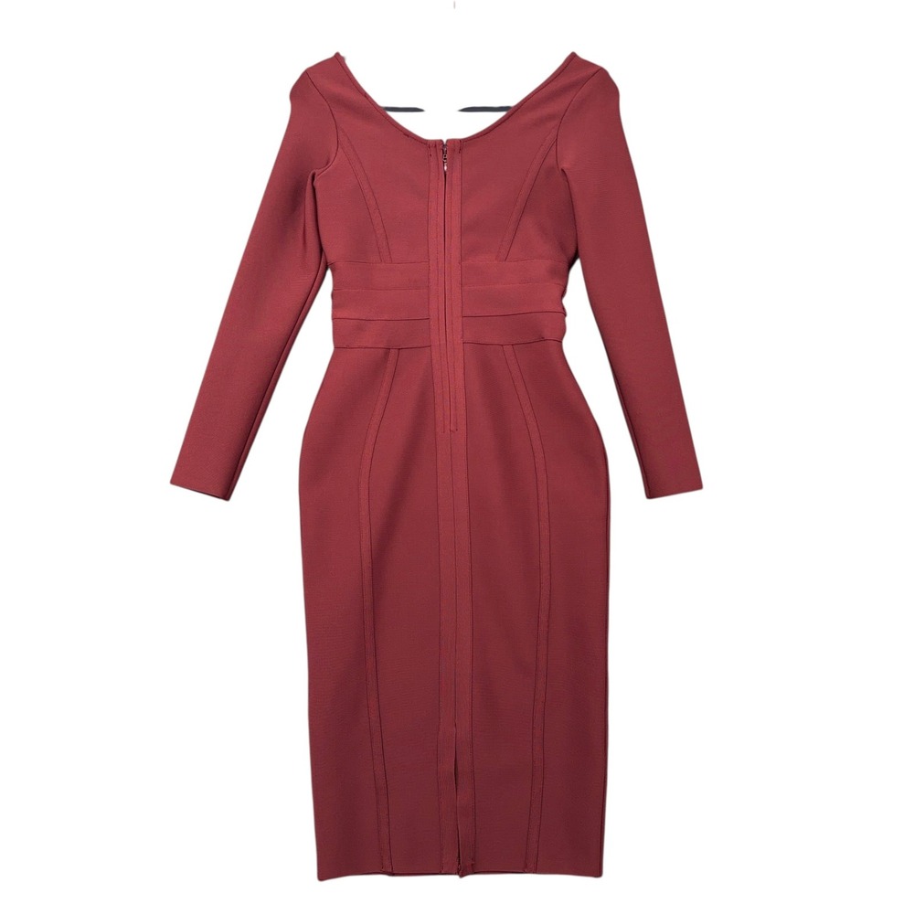 Alieva Burgundy Long Sleeve Bandage Bodycon Midi Dress Red Size M Full Zip Back - Picture 2 of 6
